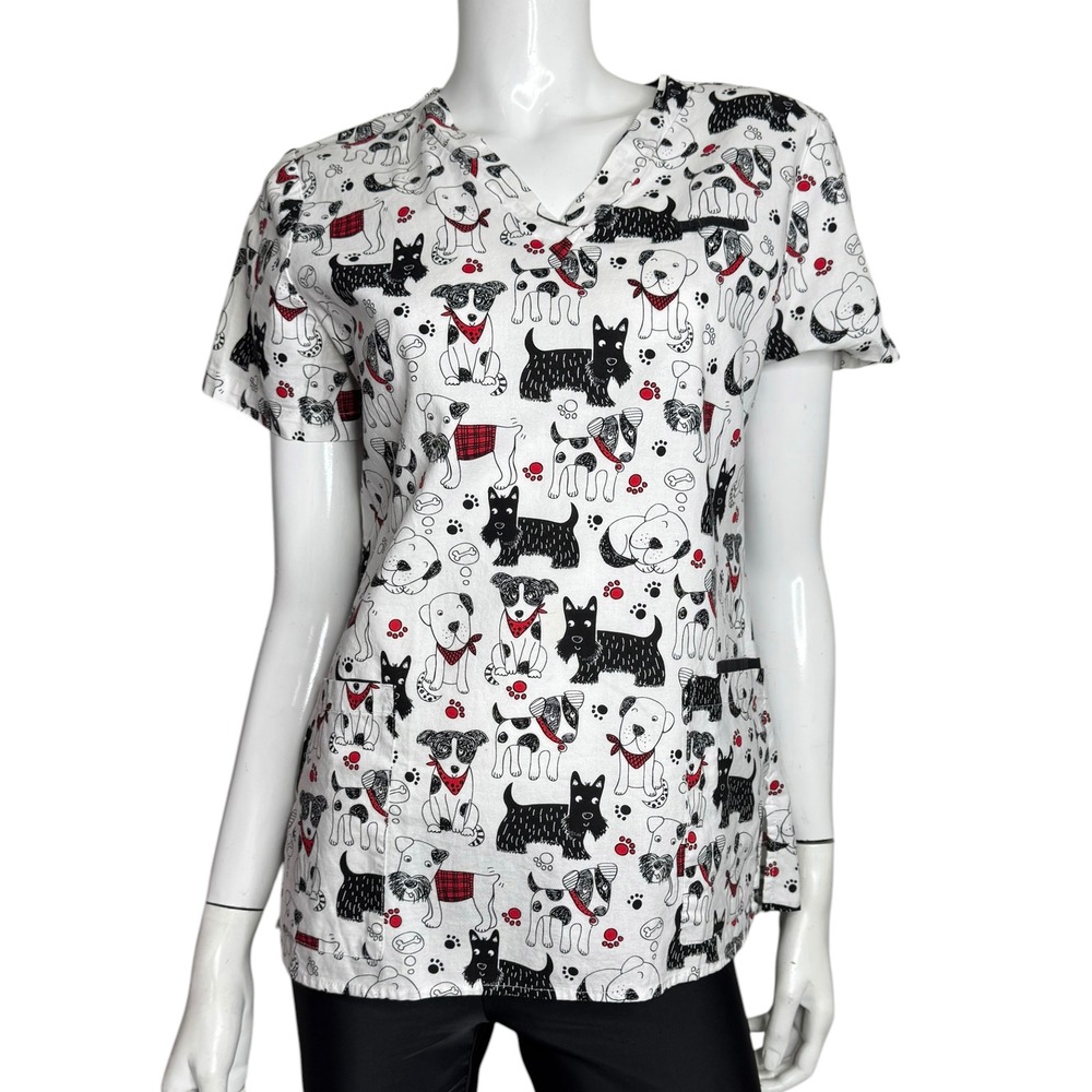 White Cross Womens Dog Print Scrub Top V-Neck Cotton Medical Uniform Small